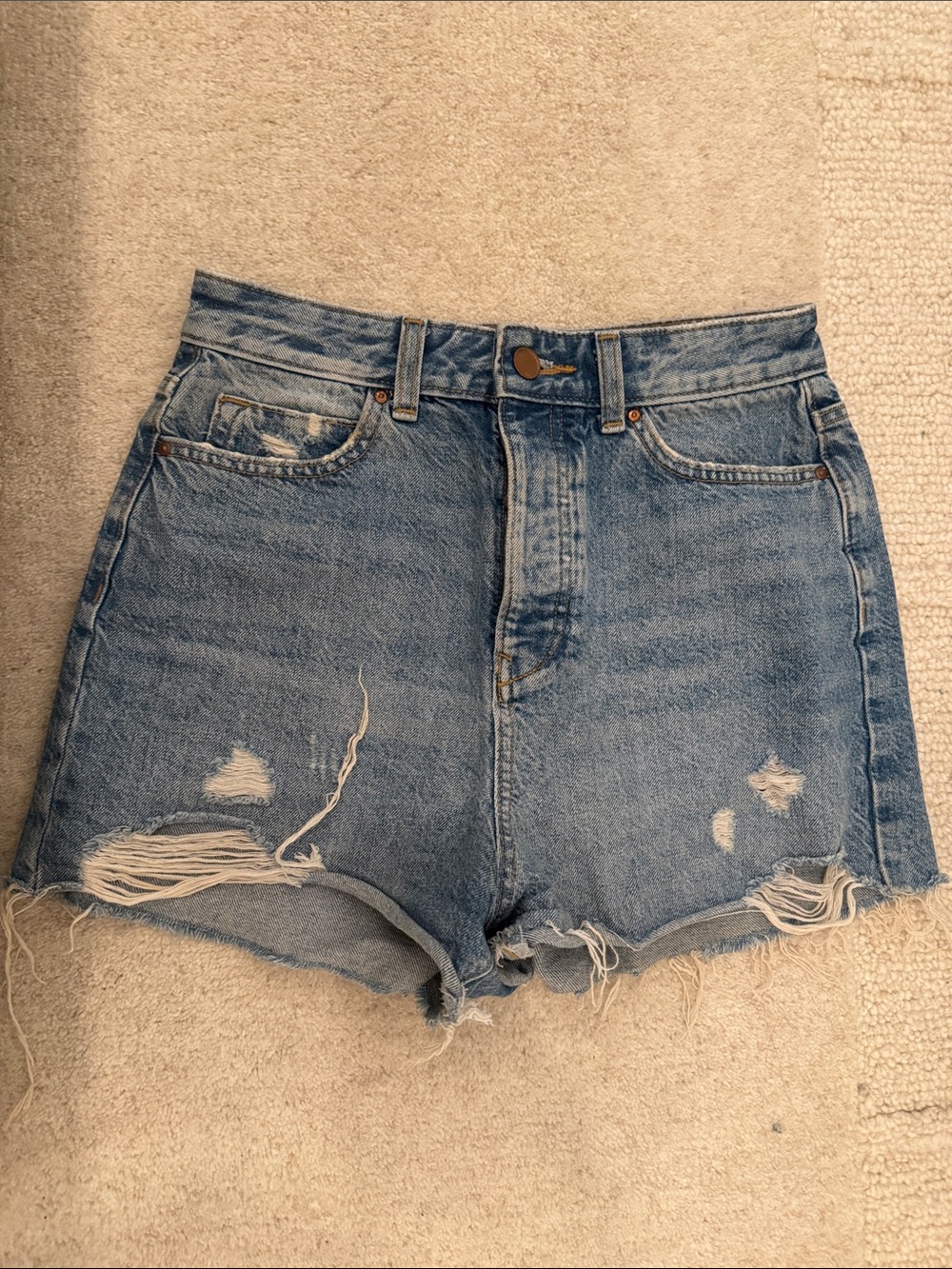 Zara Light Blue High-Waist Distressed Denim Shorts